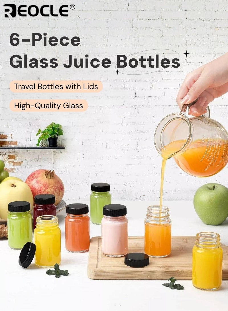 REOCLE 6pcs Glass Juice Bottles with Lids Reusable Transparent Travel Containers for Ginger Shots Health Tonics Whiskey Samples Home and Travel Use - Image 1